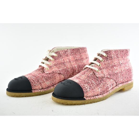 Chanel 19P Pink Beige Black Tweed CC Lace Up Tie Ankle Short Sneaker Boots 42 - Picture 6 of 8